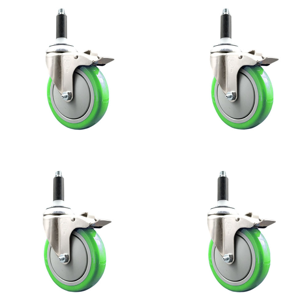 Polyurethane Swivel Stem Caster Set of 4 with 5 Inch Green Caster Wheels - 7/8" Expanding Stems - 316 Stainless Steel Casters - Includes 4 Swivel Casters with Total Lock Brakes - Service Caster Brand — photo 1
