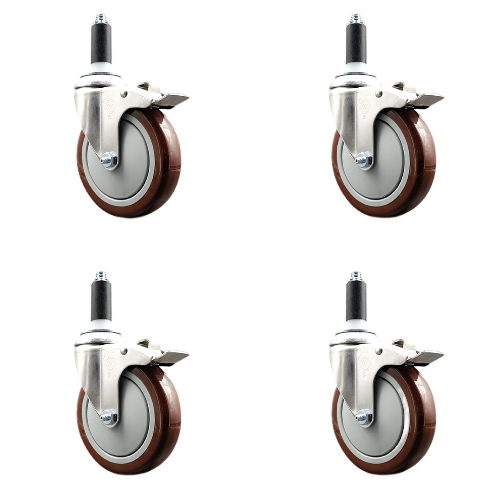 Polyurethane Swivel Stem Caster Set of 4 with 5 Inch Maroon Caster Wheels - 1" Expanding Stems - 316 Stainless Steel Casters - Includes 4 Swivel Casters with Total Lock Brakes - Service Caster Brand — photo 1