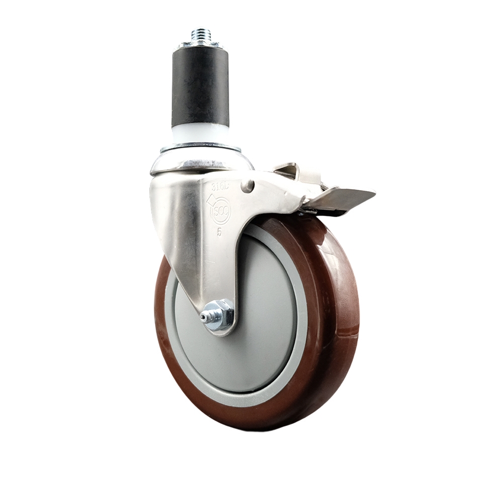 Polyurethane Swivel Stem Caster with 5 Inch Maroon Caster Wheel and Total Lock Brake - 1-1/2" Expanding Stem - 316 Stainless Steel Caster - 350 lbs. Capacity Per Caster - Service Caster Brand — photo 1