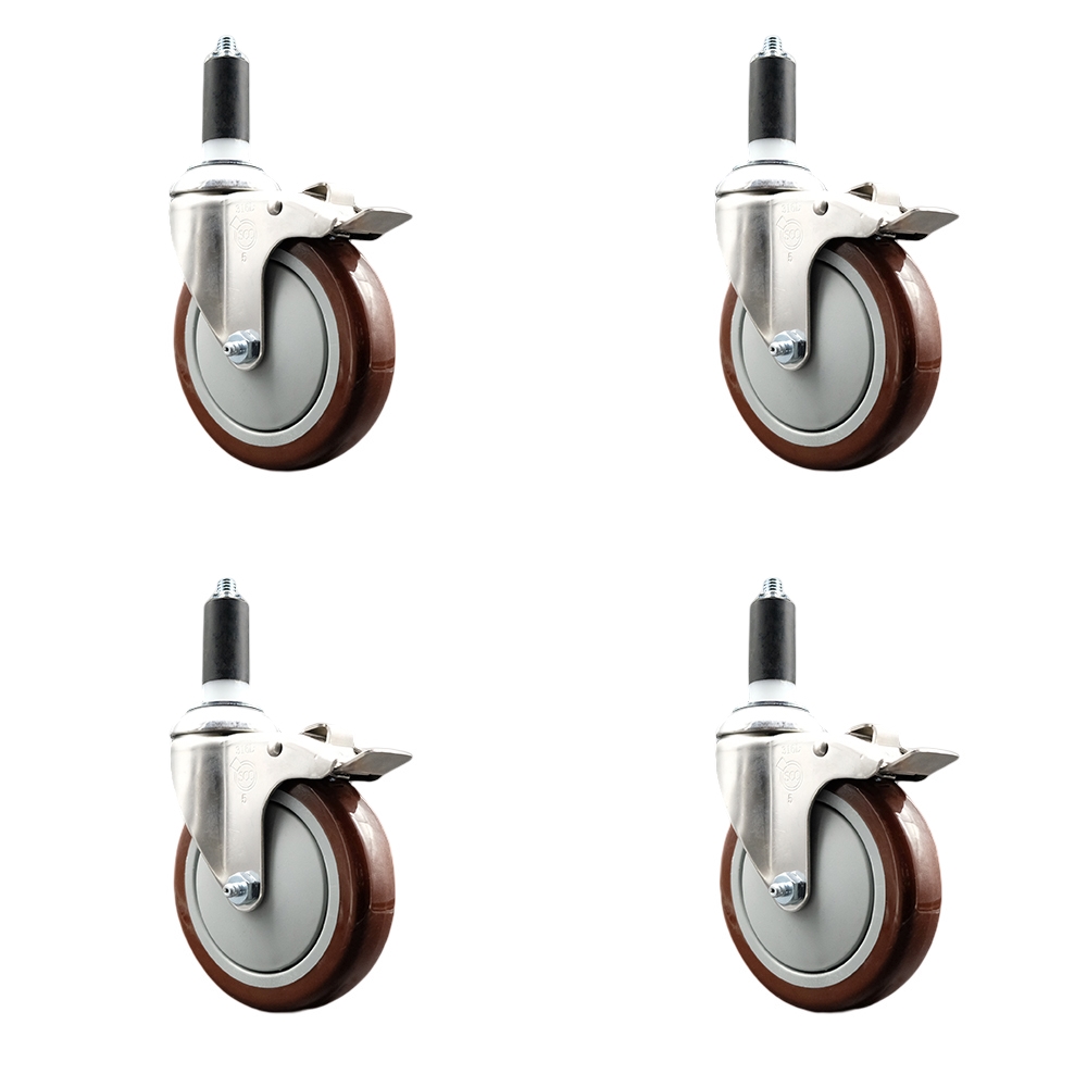 Polyurethane Swivel Stem Caster Set of 4 with 5 Inch Maroon Caster Wheels - 1-1/4" Expanding Stems - 316 Stainless Steel Casters - Includes 4 Swivel Casters with Total Lock Brakes-Service Caster Brand — photo 1