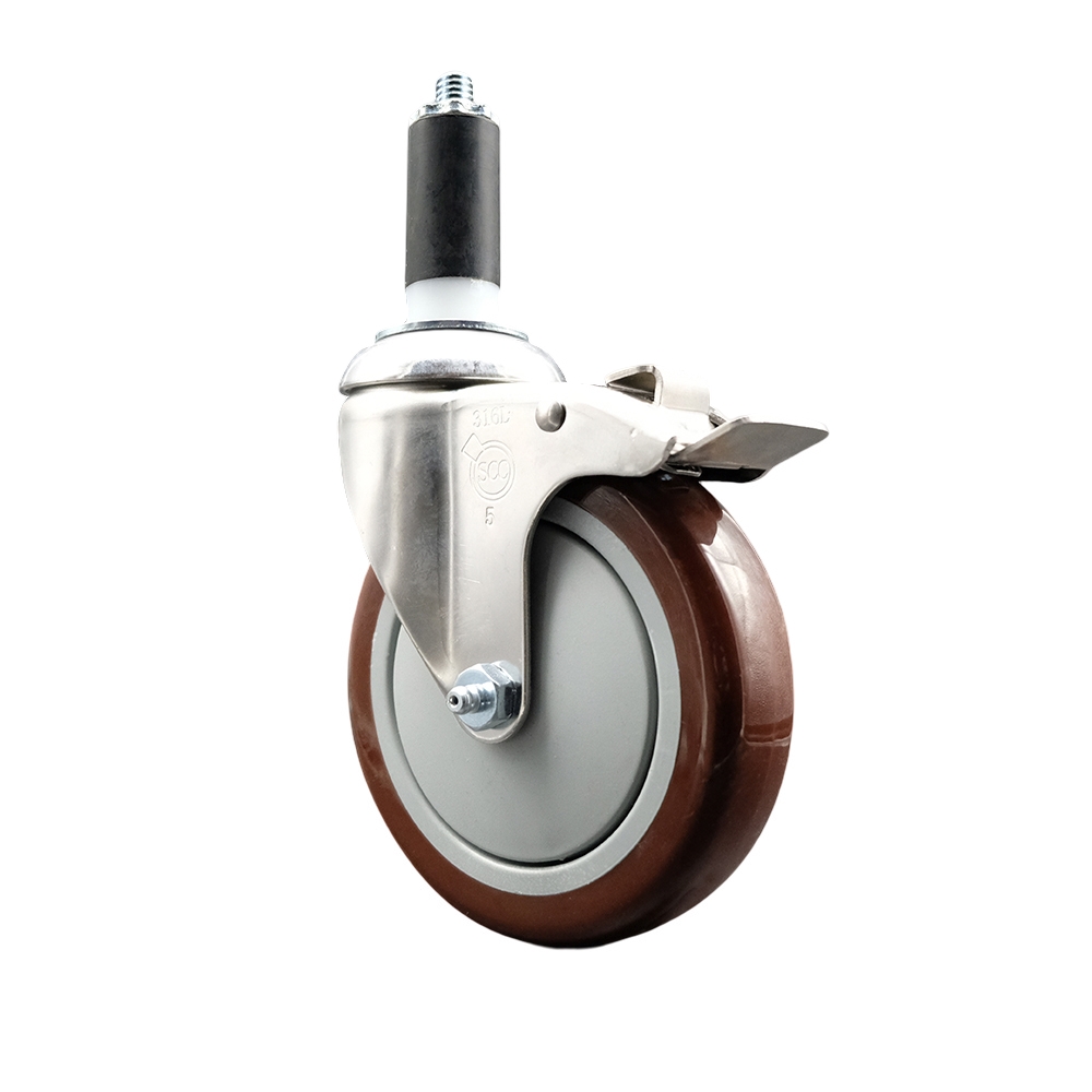 Polyurethane Swivel Stem Caster with 5 Inch Maroon Caster Wheel and Total Lock Brake - 1-1/4" Expanding Stem - 316 Stainless Steel Caster - 350 lbs. Capacity Per Caster - Service Caster Brand — photo 1