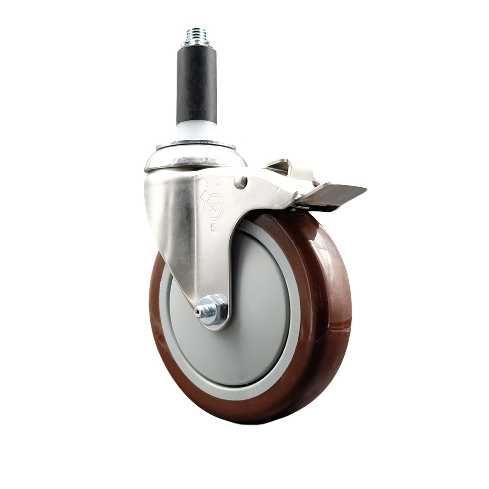 Polyurethane Swivel Stem Caster with 5 Inch Maroon Caster Wheel and Total Lock Brake - 1-1/8" Expanding Stem - 316 Stainless Steel Caster - 350 lbs. Capacity Per Caster - Service Caster Brand — photo 1