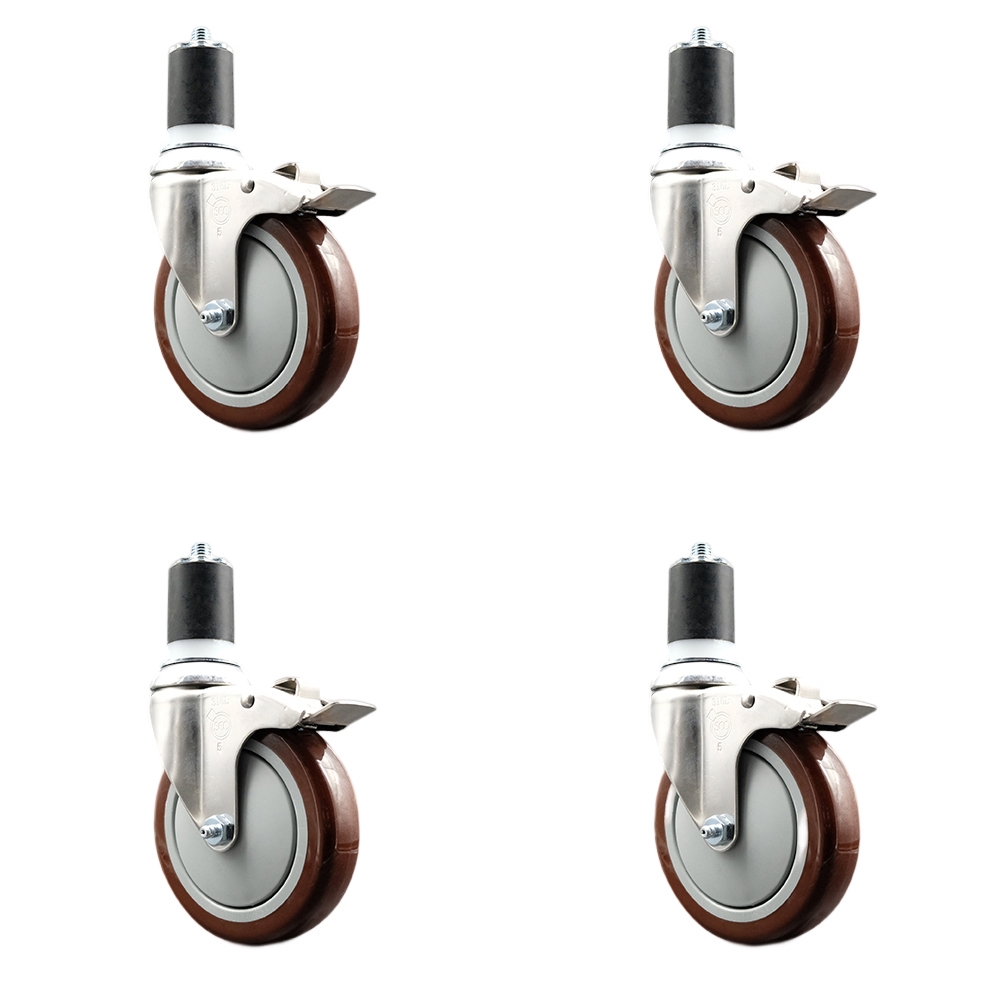Polyurethane Swivel Stem Caster Set of 4 with 5 Inch Maroon Caster Wheels - 1-3/4" Expanding Stems - 316 Stainless Steel Casters - Includes 4 Swivel Casters with Total Lock Brakes-Service Caster Brand — photo 1