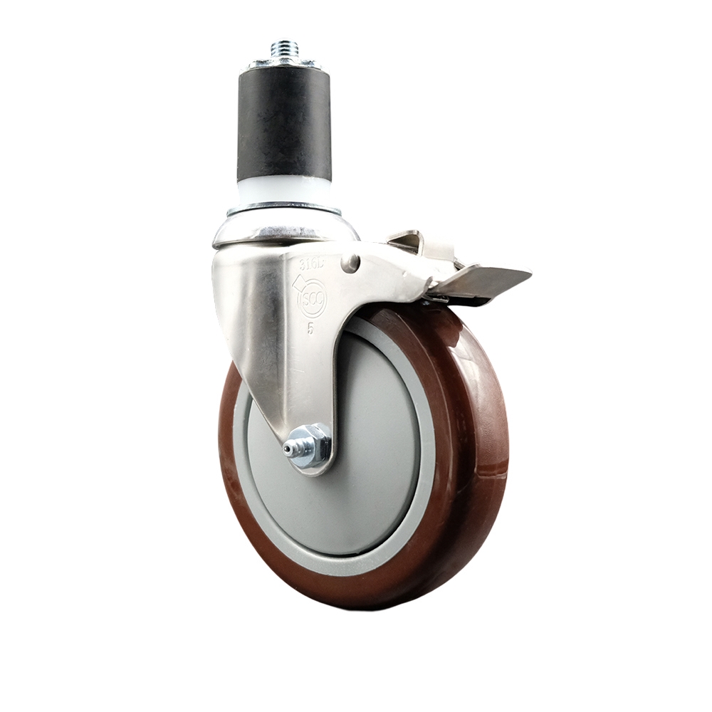 Polyurethane Swivel Stem Caster with 5 Inch Maroon Caster Wheel and Total Lock Brake - 1-3/4" Expanding Stem - 316 Stainless Steel Caster - 350 lbs. Capacity Per Caster - Service Caster Brand — photo 1