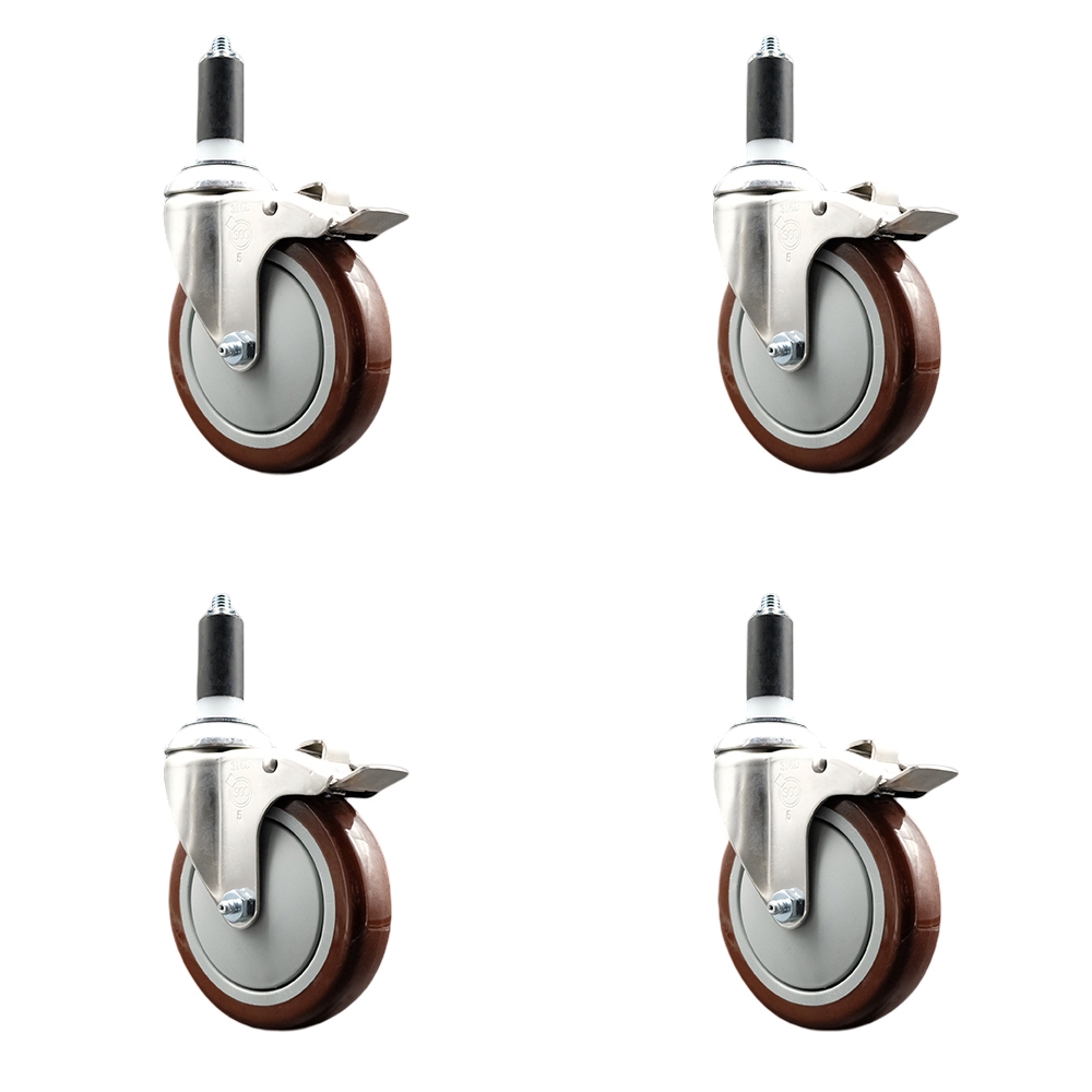 Polyurethane Swivel Stem Caster Set of 4 with 5 Inch Maroon Caster Wheels - 1-3/8" Expanding Stems - 316 Stainless Steel Casters - Includes 4 Swivel Casters with Total Lock Brakes-Service Caster Brand — photo 1