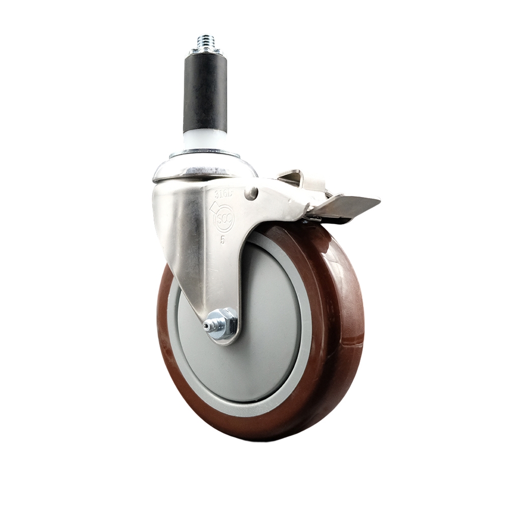 Polyurethane Swivel Stem Caster with 5 Inch Maroon Caster Wheel and Total Lock Brake - 1-3/8" Expanding Stem - 316 Stainless Steel Caster - 350 lbs. Capacity Per Caster - Service Caster Brand — photo 1