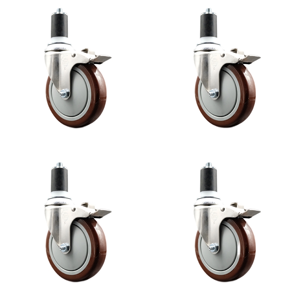 Polyurethane Swivel Stem Caster Set of 4 with 5 Inch Maroon Caster Wheels - 1-5/8" Expanding Stems - 316 Stainless Steel Casters - Includes 4 Swivel Casters with Total Lock Brakes-Service Caster Brand — photo 1