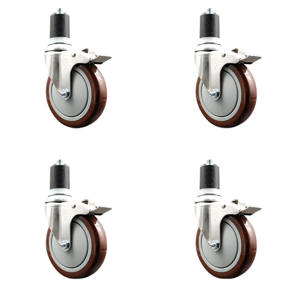 Polyurethane Swivel Stem Caster Set of 4 with 5 Inch Maroon Caster Wheels - 1-7/8" Expanding Stems - 316 Stainless Steel Casters - Includes 4 Swivel Casters with Total Lock Brakes-Service Caster Brand — photo 1