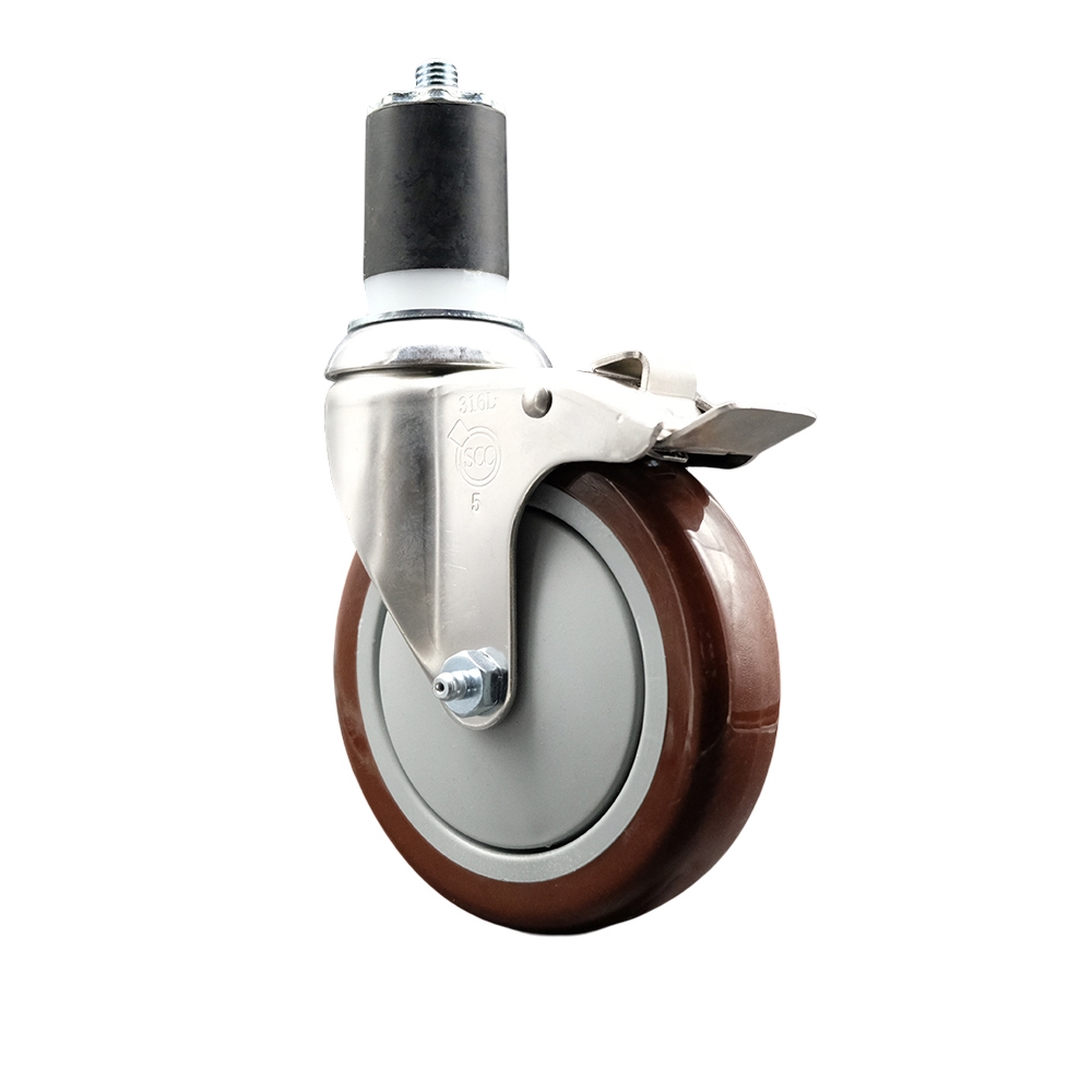 Polyurethane Swivel Stem Caster with 5 Inch Maroon Caster Wheel and Total Lock Brake - 1-7/8" Expanding Stem - 316 Stainless Steel Caster - 350 lbs. Capacity Per Caster - Service Caster Brand — photo 1