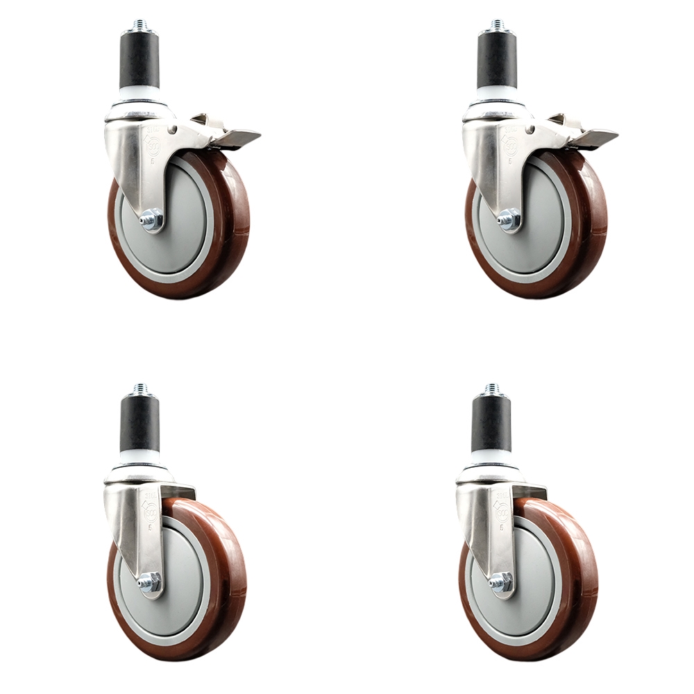 Polyurethane Swivel Stem Caster Set of 4 with 5 Inch Maroon Caster Wheels - 1-1/2" Expanding Stem-316 Stainless Steel Casters-Includes 2 Swivel with Total Lock Brakes and 2 Swivel-Service Caster Brand — photo 1