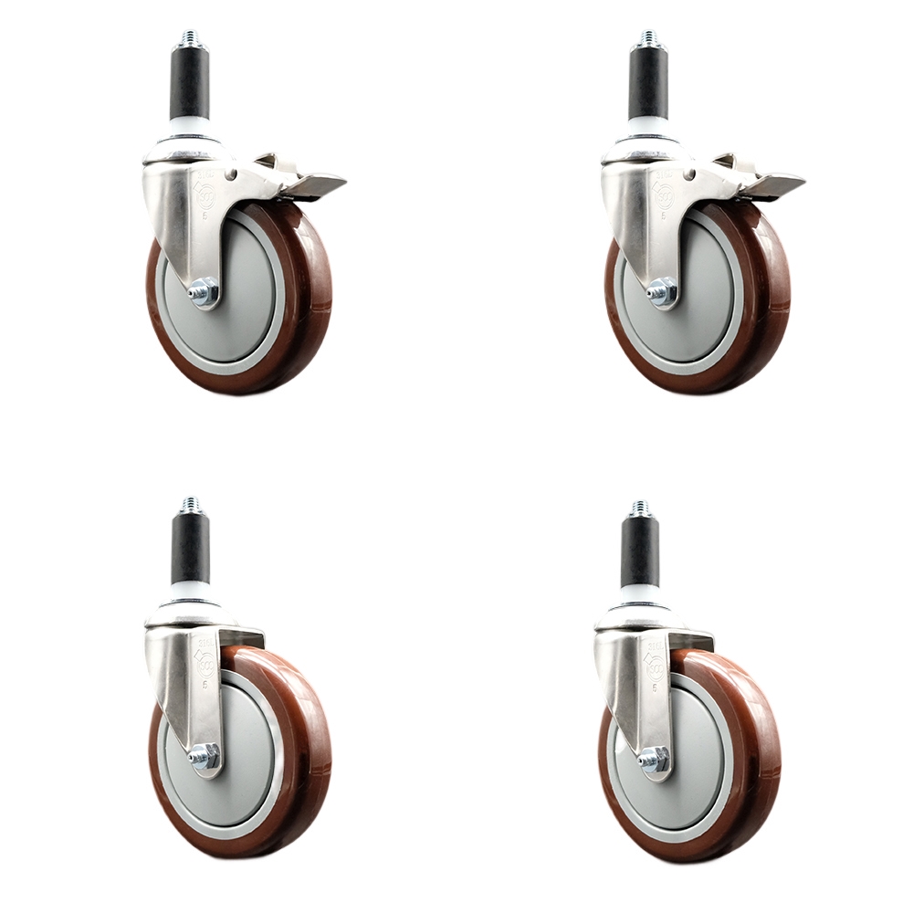 Polyurethane Swivel Stem Caster Set of 4 with 5 Inch Maroon Caster Wheels - 1-1/4" Expanding Stem-316 Stainless Steel Casters-Includes 2 Swivel with Total Lock Brakes and 2 Swivel-Service Caster Brand — photo 1
