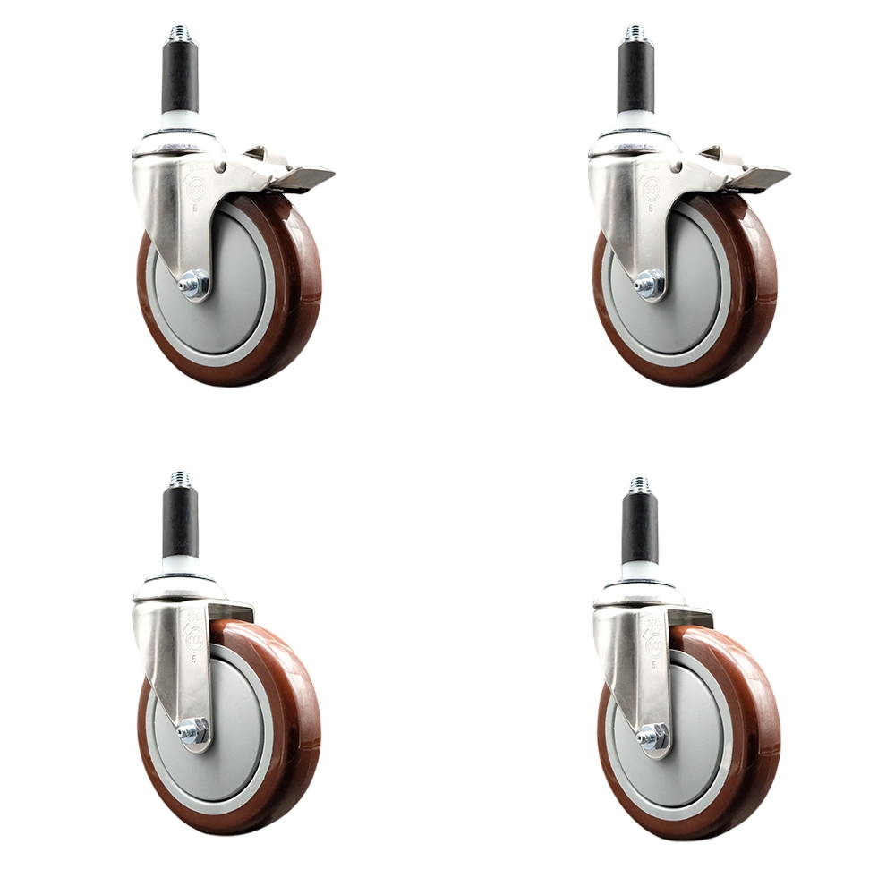 Polyurethane Swivel Stem Caster Set of 4 with 5 Inch Maroon Caster Wheels - 1-1/8" Expanding Stem-316 Stainless Steel Casters-Includes 2 Swivel with Total Lock Brakes and 2 Swivel-Service Caster Brand — photo 1