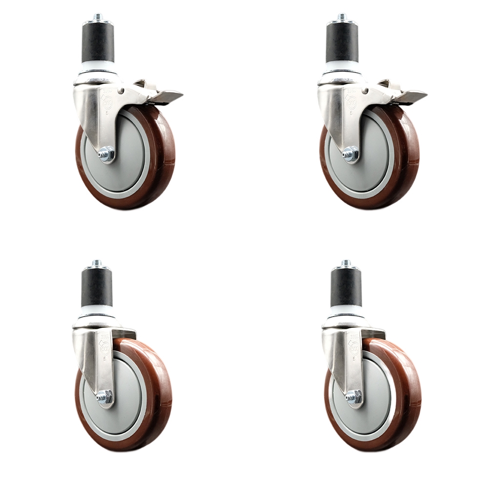 Polyurethane Swivel Stem Caster Set of 4 with 5 Inch Maroon Caster Wheels - 1-3/4" Expanding Stem-316 Stainless Steel Casters-Includes 2 Swivel with Total Lock Brakes and 2 Swivel-Service Caster Brand — photo 1