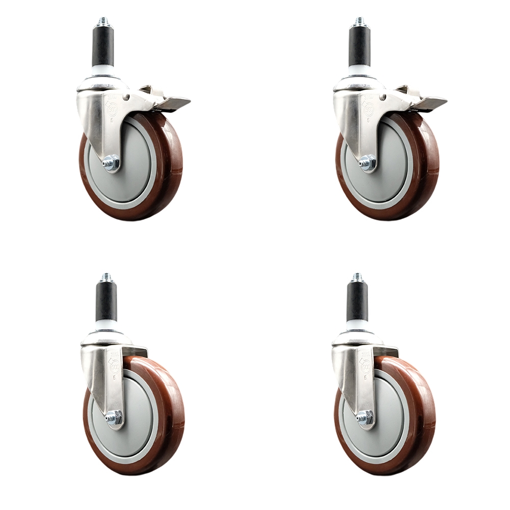 Polyurethane Swivel Stem Caster Set of 4 with 5 Inch Maroon Caster Wheels - 1-3/8" Expanding Stem-316 Stainless Steel Casters-Includes 2 Swivel with Total Lock Brakes and 2 Swivel-Service Caster Brand — photo 1