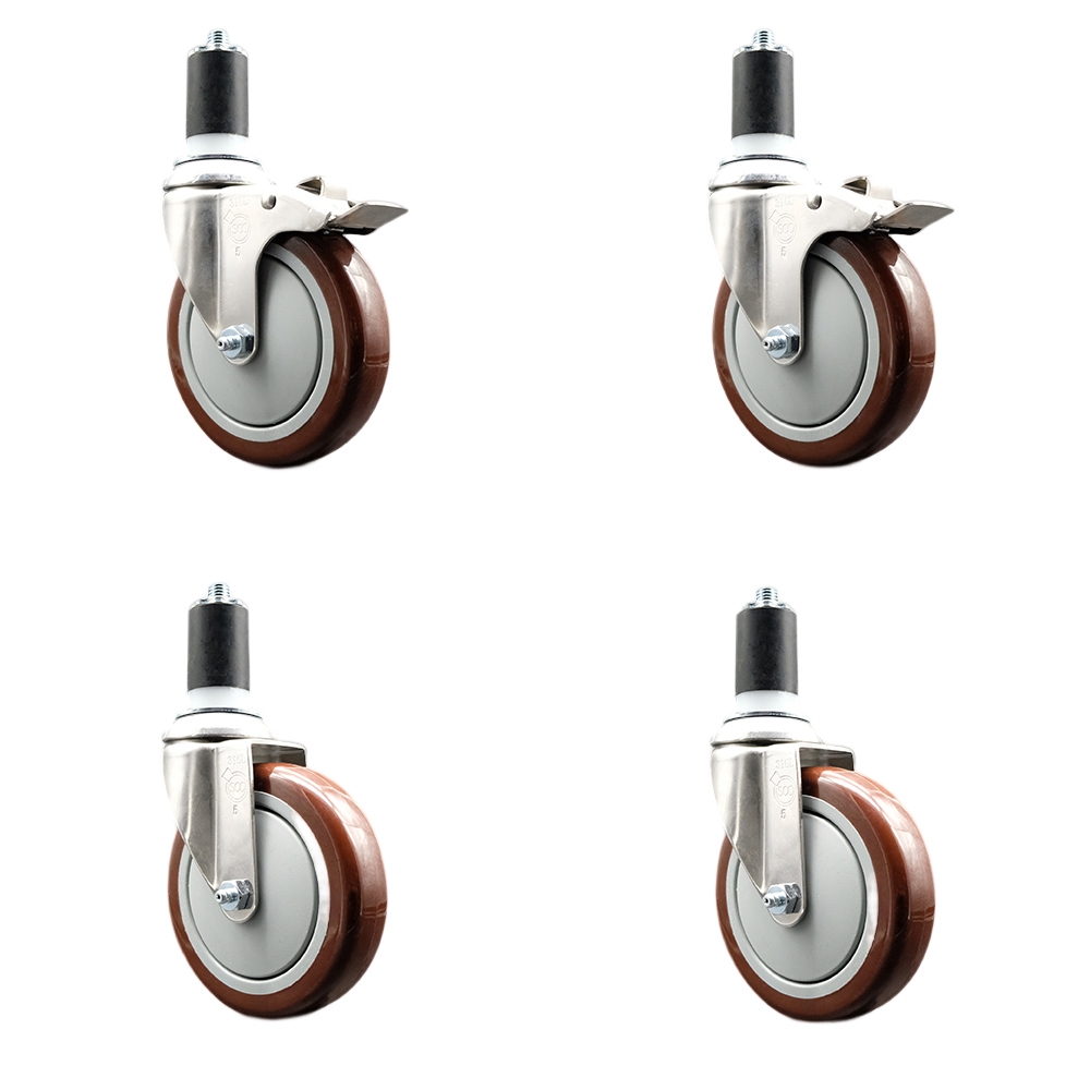 Polyurethane Swivel Stem Caster Set of 4 with 5 Inch Maroon Caster Wheels - 1-5/8" Expanding Stem-316 Stainless Steel Casters-Includes 2 Swivel with Total Lock Brakes and 2 Swivel-Service Caster Brand — photo 1