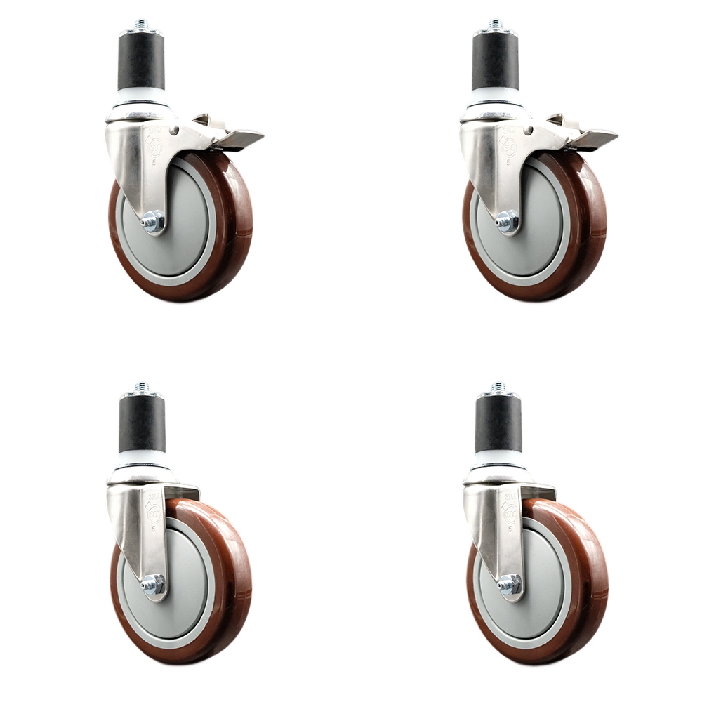 Polyurethane Swivel Stem Caster Set of 4 with 5 Inch Maroon Caster Wheels - 1-7/8" Expanding Stem-316 Stainless Steel Casters-Includes 2 Swivel with Total Lock Brakes and 2 Swivel-Service Caster Brand — photo 1