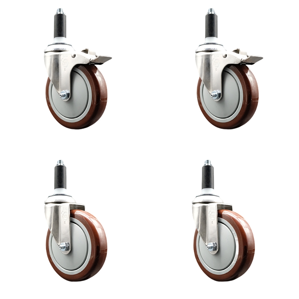 Polyurethane Swivel Stem Caster Set of 4 with 5 Inch Maroon Caster Wheels - 1" Expanding Stem-316 Stainless Steel Casters - Includes 2 Swivel with Total Lock Brakes and 2 Swivel - Service Caster Brand — photo 1