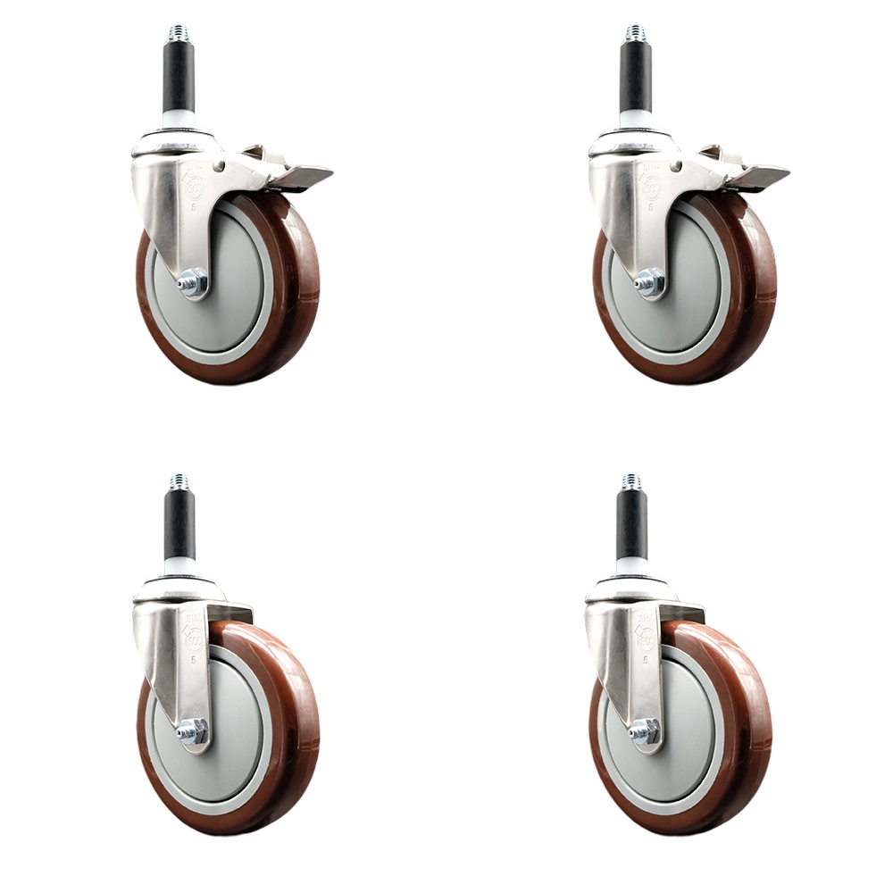 Polyurethane Swivel Stem Caster Set of 4 with 5 Inch Maroon Caster Wheels - 7/8" Expanding Stem-316 Stainless Steel Casters - Includes 2 Swivel with Total Lock Brakes and 2 Swivel-Service Caster Brand — photo 1