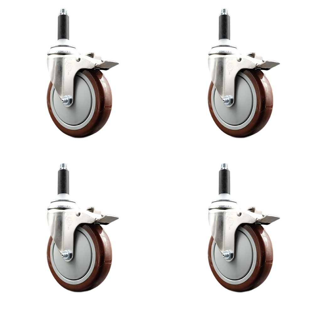 Polyurethane Swivel Stem Caster Set of 4 with 5 Inch Maroon Caster Wheels - 3/4" Expanding Stems - 316 Stainless Steel Casters - Includes 4 Swivel Casters with Total Lock Brakes - Service Caster Brand — photo 1