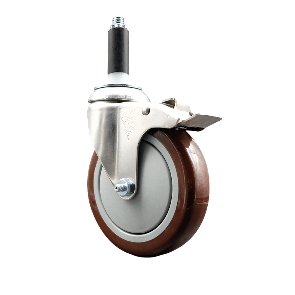 Polyurethane Swivel Stem Caster with 5 Inch Maroon Caster Wheel and Total Lock Brake - 3/4" Expanding Stem - 316 Stainless Steel Caster - 350 lbs. Capacity Per Caster - Service Caster Brand — photo 1