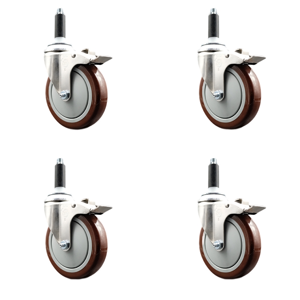 Polyurethane Swivel Stem Caster Set of 4 with 5 Inch Maroon Caster Wheels - 7/8" Expanding Stems - 316 Stainless Steel Casters - Includes 4 Swivel Casters with Total Lock Brakes - Service Caster Brand — photo 1