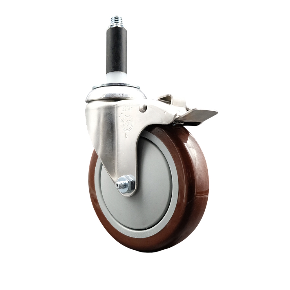 Polyurethane Swivel Stem Caster with 5 Inch Maroon Caster Wheel and Total Lock Brake - 7/8" Expanding Stem - 316 Stainless Steel Caster - 350 lbs. Capacity Per Caster - Service Caster Brand — photo 1