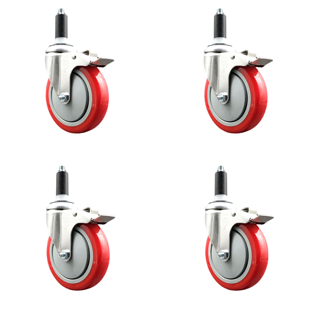 Polyurethane Swivel Stem Caster Set of 4 with 5 Inch Red Caster Wheels - 1" Expanding Stems - 316 Stainless Steel Casters - Includes 4 Swivel Casters with Total Lock Brakes- Service Caster Brand — photo 1
