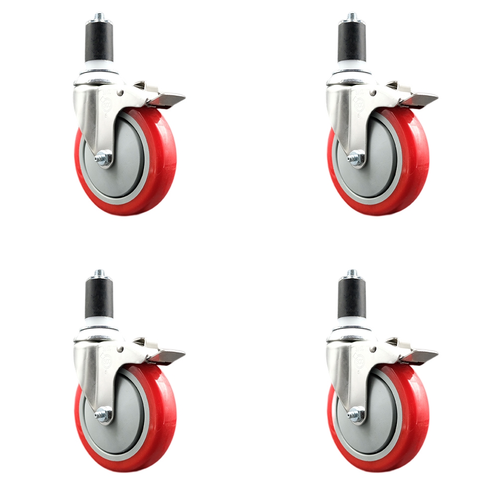 Polyurethane Swivel Stem Caster Set of 4 with 5 Inch Red Caster Wheels - 1-1/2" Expanding Stems - 316 Stainless Steel Casters - Includes 4 Swivel Casters with Total Lock Brakes- Service Caster Brand — photo 1