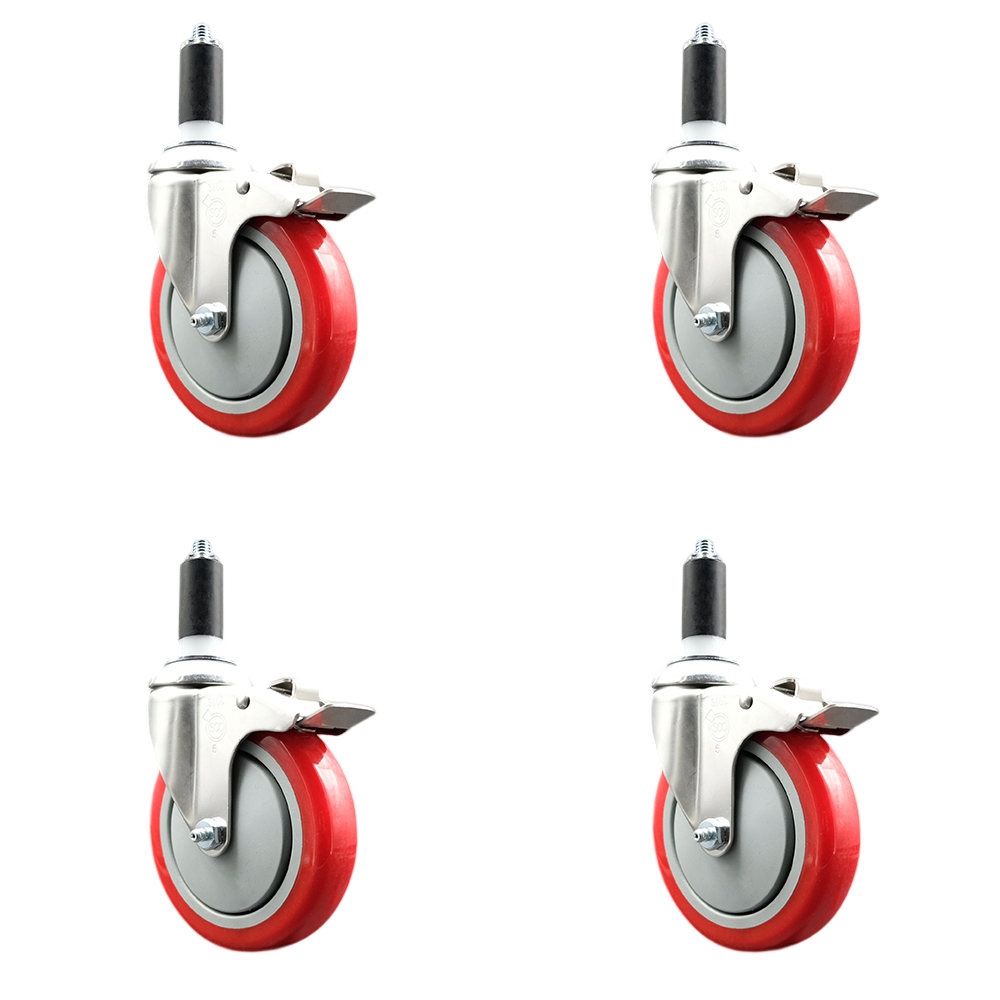Polyurethane Swivel Stem Caster Set of 4 with 5 Inch Red Caster Wheels - 1-1/4" Expanding Stems - 316 Stainless Steel Casters - Includes 4 Swivel Casters with Total Lock Brakes- Service Caster Brand — photo 1