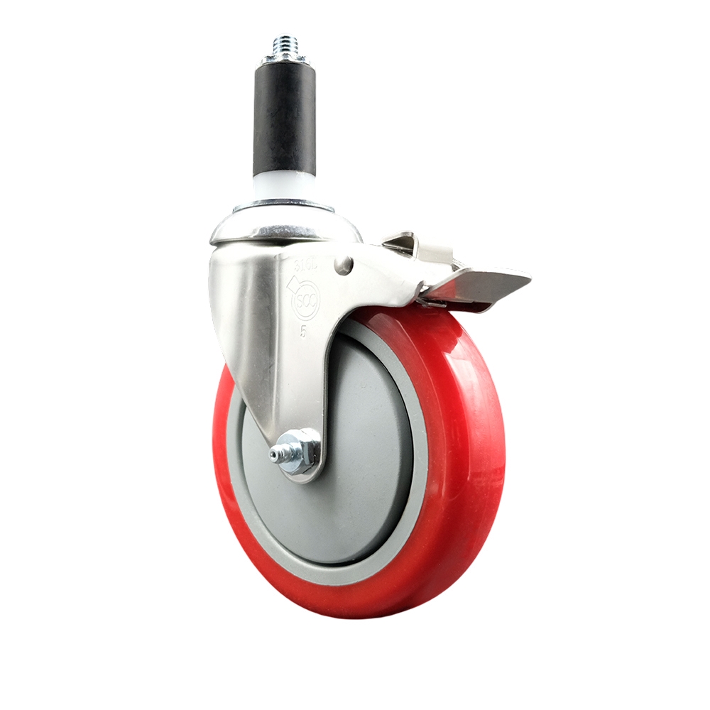 Polyurethane Swivel Stem Caster with 5 Inch Red Caster Wheel and Total Lock Brake - 1-1/4" Expanding Stem - 316 Stainless Steel Caster - 350 lbs. Capacity Per Caster - Service Caster Brand — photo 1
