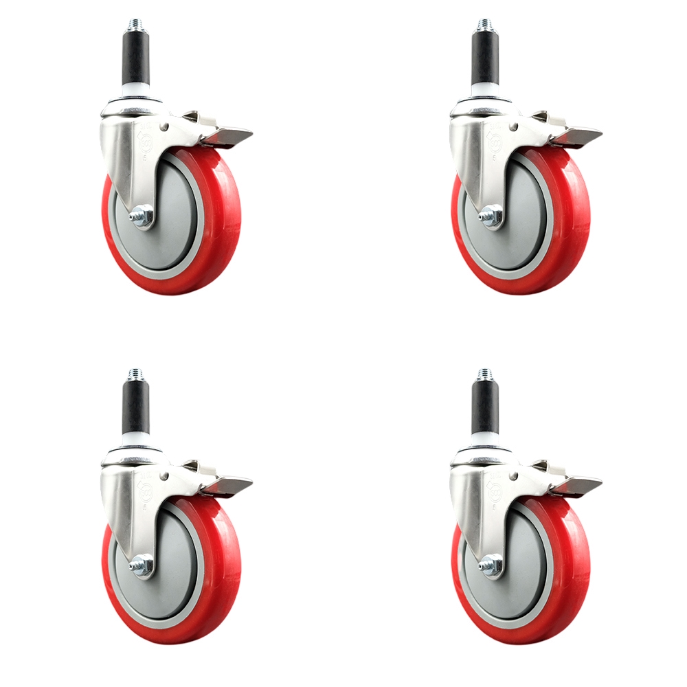 Polyurethane Swivel Stem Caster Set of 4 with 5 Inch Red Caster Wheels - 1-1/8" Expanding Stems - 316 Stainless Steel Casters - Includes 4 Swivel Casters with Total Lock Brakes- Service Caster Brand — photo 1