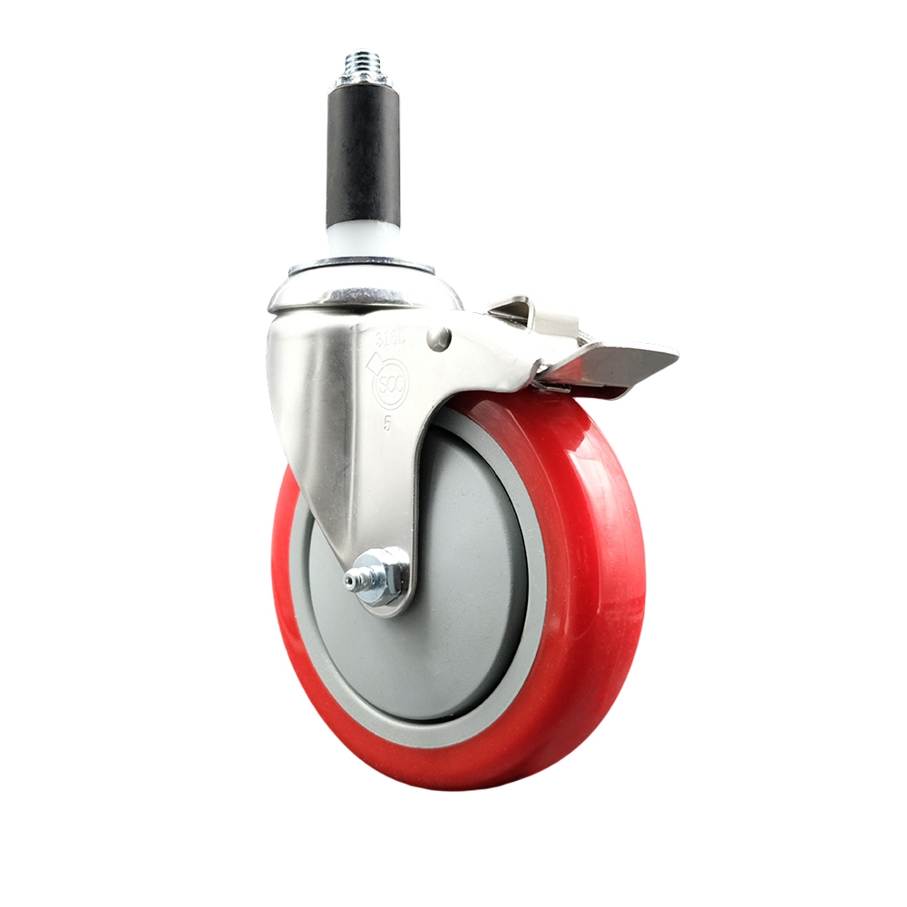 Polyurethane Swivel Stem Caster with 5 Inch Red Caster Wheel and Total Lock Brake - 1-1/8" Expanding Stem - 316 Stainless Steel Caster - 350 lbs. Capacity Per Caster - Service Caster Brand — photo 1