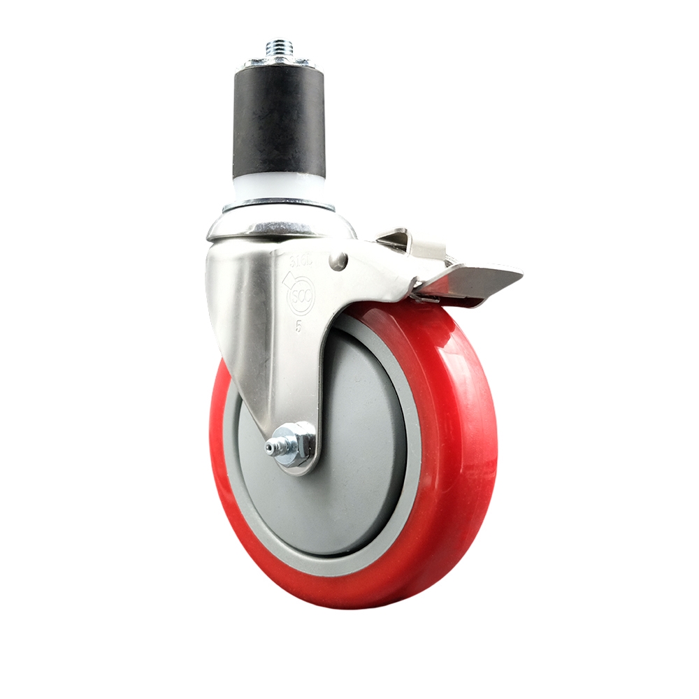 Polyurethane Swivel Stem Caster with 5 Inch Red Caster Wheel and Total Lock Brake - 1-3/4" Expanding Stem - 316 Stainless Steel Caster - 350 lbs. Capacity Per Caster - Service Caster Brand — photo 1
