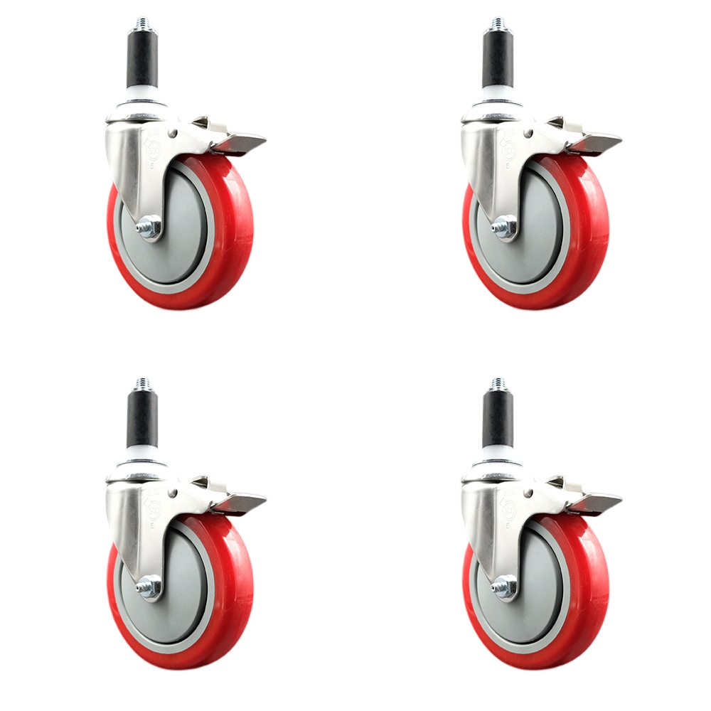 Polyurethane Swivel Stem Caster Set of 4 with 5 Inch Red Caster Wheels - 1-3/8" Expanding Stems - 316 Stainless Steel Casters - Includes 4 Swivel Casters with Total Lock Brakes- Service Caster Brand — photo 1