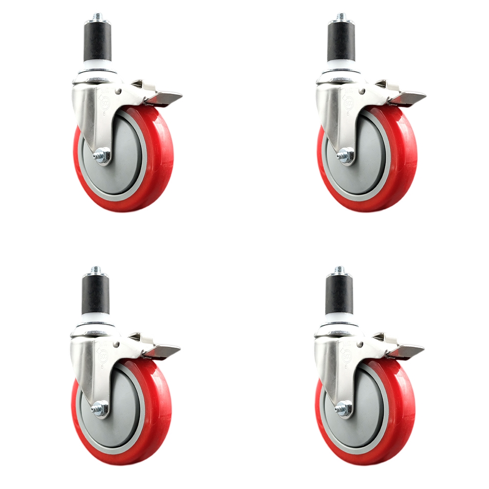 Polyurethane Swivel Stem Caster Set of 4 with 5 Inch Red Caster Wheels - 1-5/8" Expanding Stems - 316 Stainless Steel Casters - Includes 4 Swivel Casters with Total Lock Brakes- Service Caster Brand — photo 1
