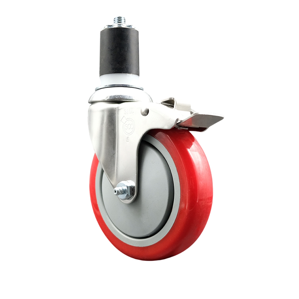 Polyurethane Swivel Stem Caster with 5 Inch Red Caster Wheel and Total Lock Brake - 1-7/8" Expanding Stem - 316 Stainless Steel Caster - 350 lbs. Capacity Per Caster - Service Caster Brand — photo 1