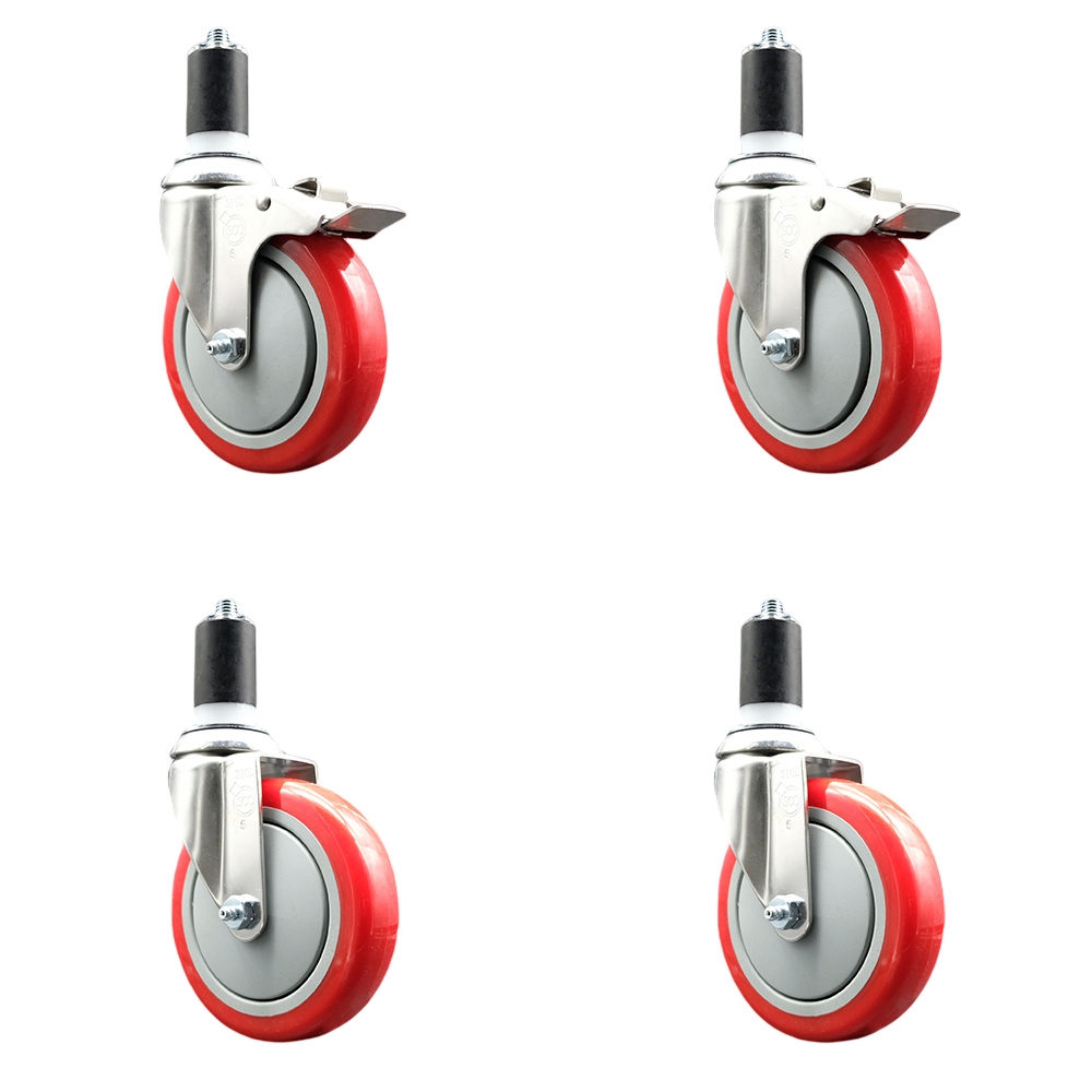 Polyurethane Swivel Stem Caster Set of 4 with 5 Inch Red Caster Wheels - 1-1/2" Expanding Stem -316 Stainless Steel Casters-Includes 2 Swivel with Total Lock Brakes and 2 Swivel-Service Caster Brand — photo 1