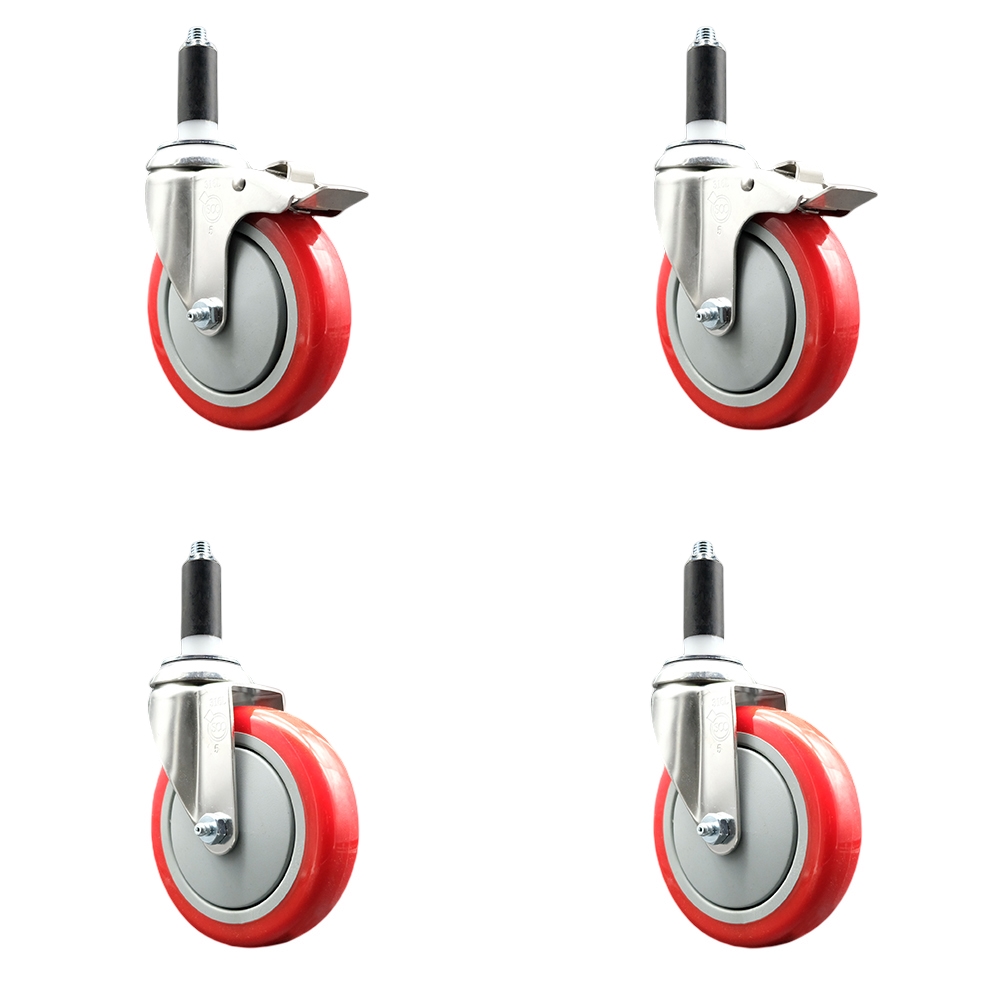 Polyurethane Swivel Stem Caster Set of 4 with 5 Inch Red Caster Wheels - 1-1/8" Expanding Stem -316 Stainless Steel Casters-Includes 2 Swivel with Total Lock Brakes and 2 Swivel-Service Caster Brand — photo 1
