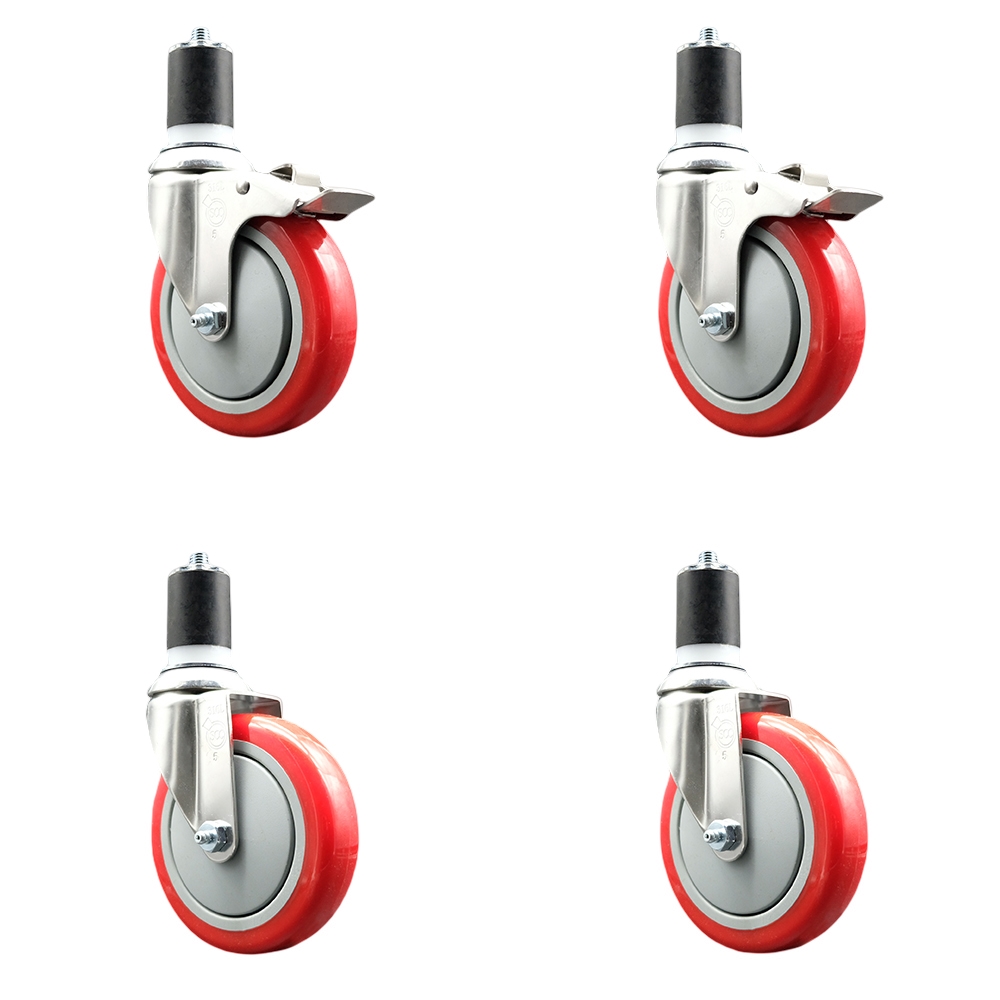Polyurethane Swivel Stem Caster Set of 4 with 5 Inch Red Caster Wheels - 1-3/4" Expanding Stem -316 Stainless Steel Casters-Includes 2 Swivel with Total Lock Brakes and 2 Swivel-Service Caster Brand — photo 1