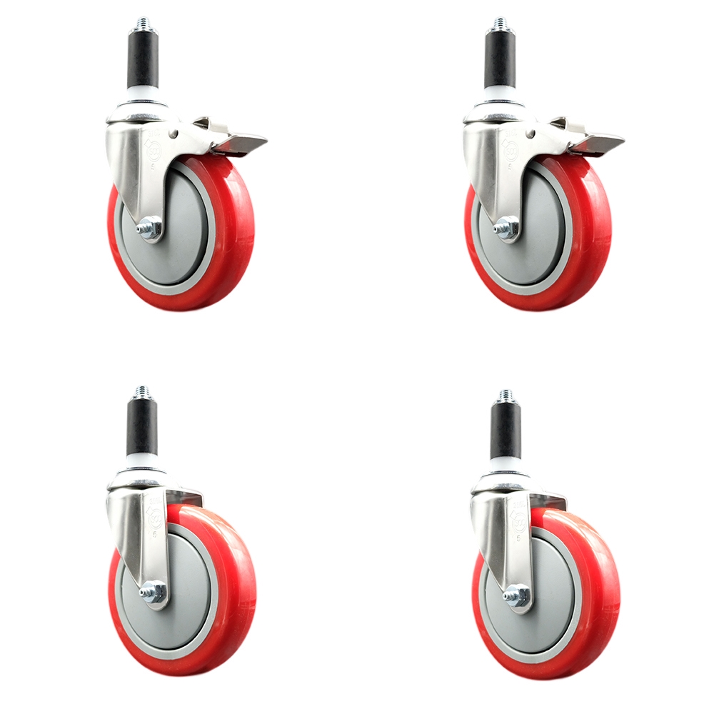 Polyurethane Swivel Stem Caster Set of 4 with 5 Inch Red Caster Wheels - 1-3/8" Expanding Stem -316 Stainless Steel Casters-Includes 2 Swivel with Total Lock Brakes and 2 Swivel-Service Caster Brand — photo 1