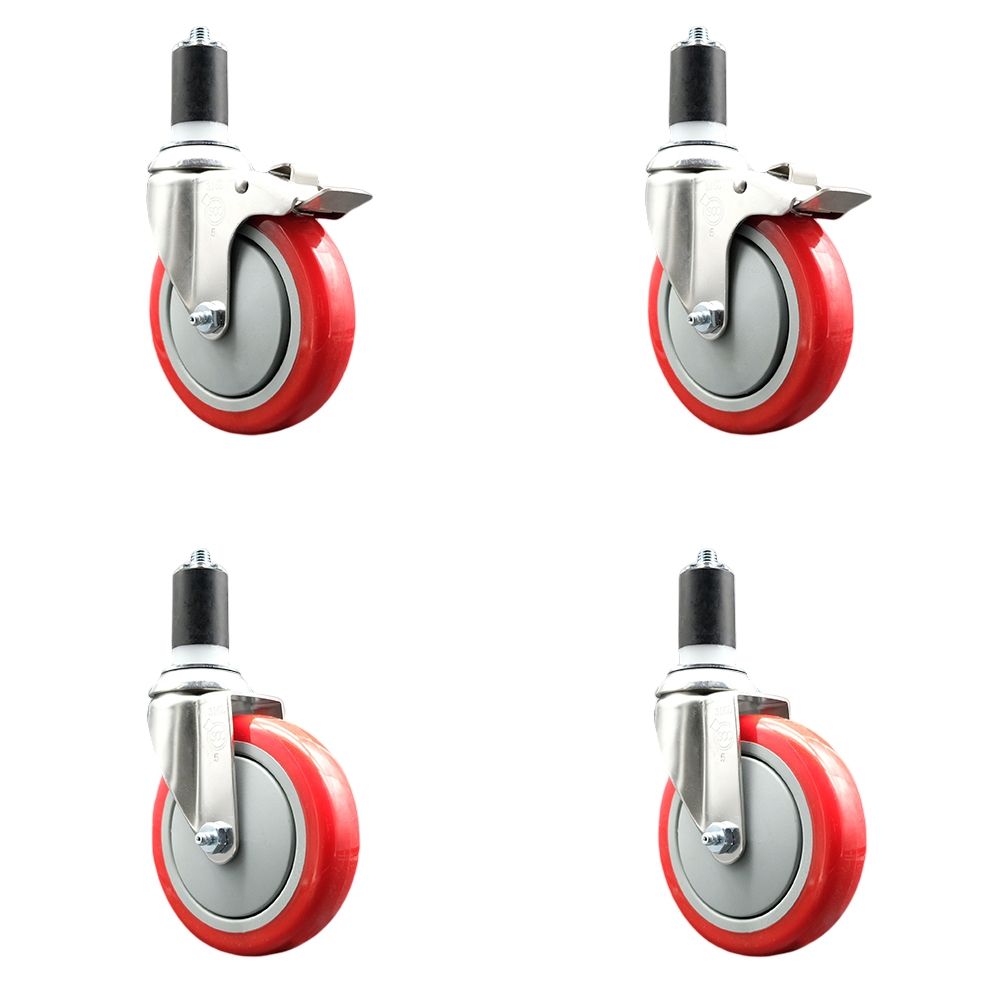 Polyurethane Swivel Stem Caster Set of 4 with 5 Inch Red Caster Wheels - 1-5/8" Expanding Stem -316 Stainless Steel Casters-Includes 2 Swivel with Total Lock Brakes and 2 Swivel-Service Caster Brand — photo 1