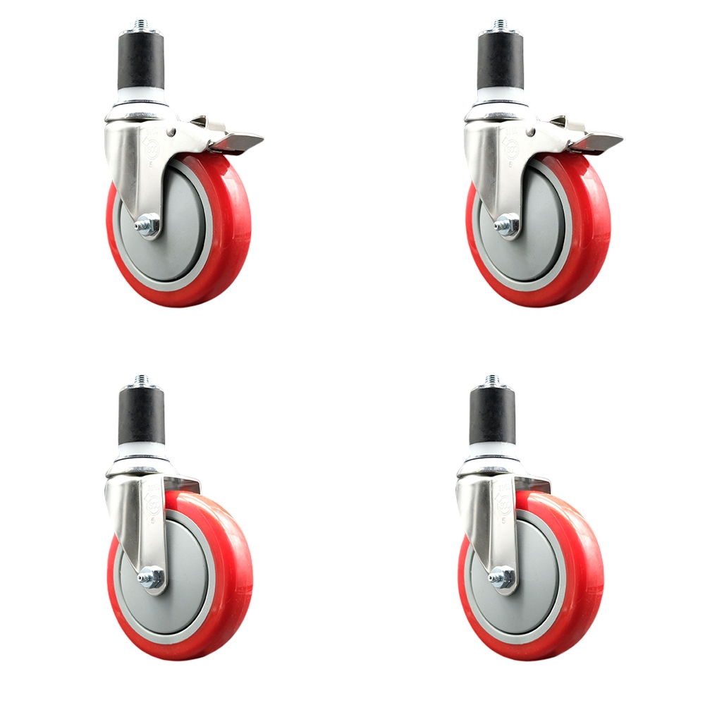 Polyurethane Swivel Stem Caster Set of 4 with 5 Inch Red Caster Wheels - 1-7/8" Expanding Stem -316 Stainless Steel Casters-Includes 2 Swivel with Total Lock Brakes and 2 Swivel-Service Caster Brand — photo 1
