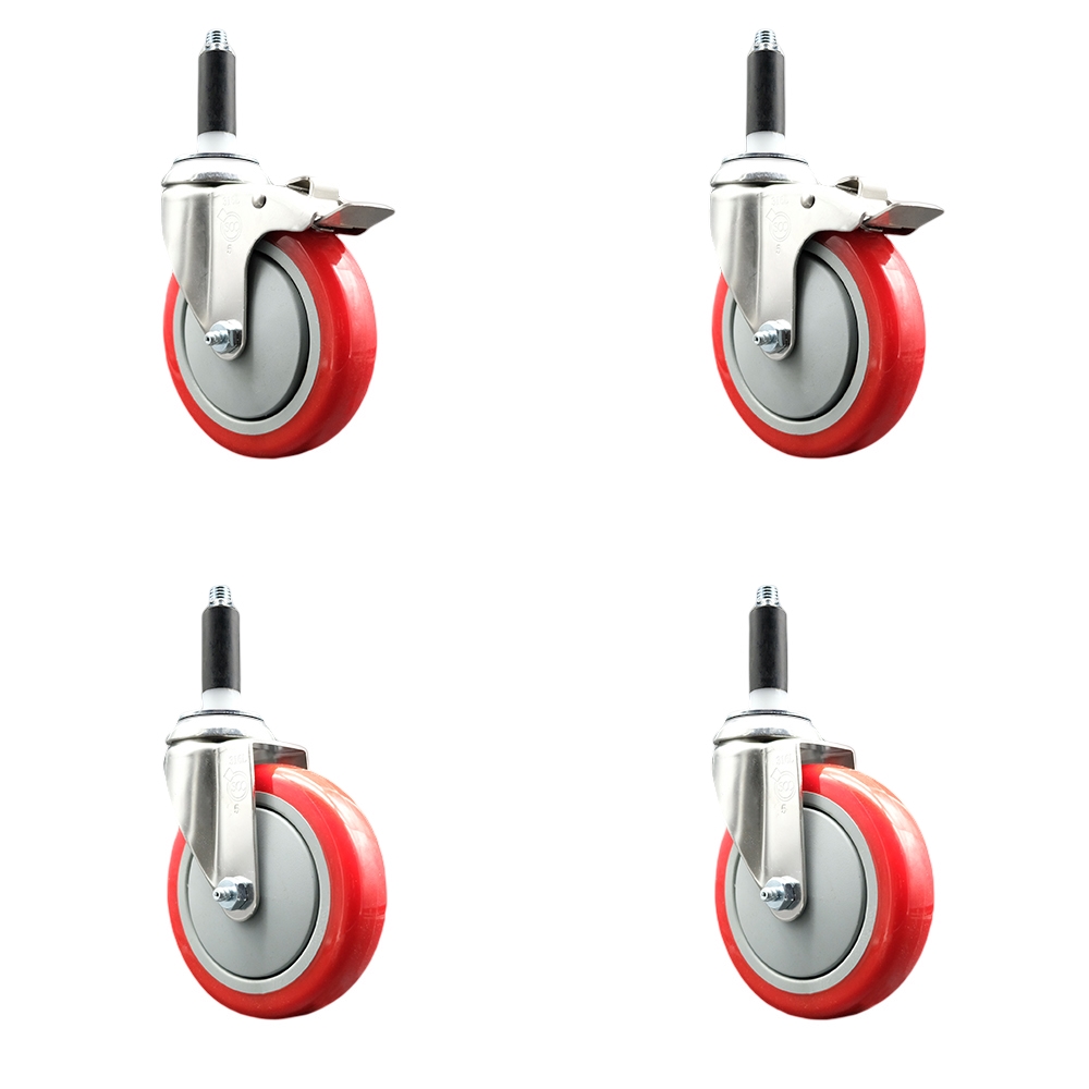 Polyurethane Swivel Stem Caster Set of 4 with 5 Inch Red Caster Wheels - 3/4" Expanding Stem -316 Stainless Steel Casters - Includes 2 Swivel with Total Lock Brakes and 2 Swivel-Service Caster Brand — photo 1