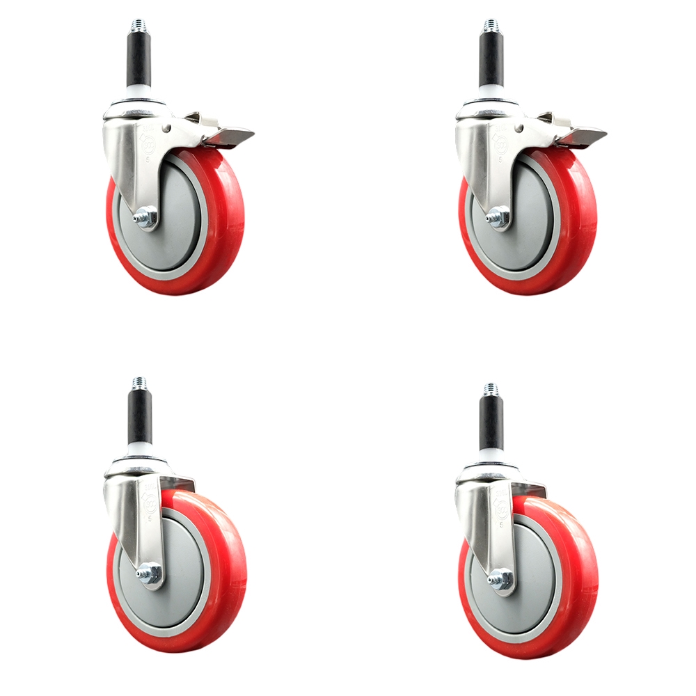 Polyurethane Swivel Stem Caster Set of 4 with 5 Inch Red Caster Wheels - 7/8" Expanding Stem -316 Stainless Steel Casters - Includes 2 Swivel with Total Lock Brakes and 2 Swivel-Service Caster Brand — photo 1