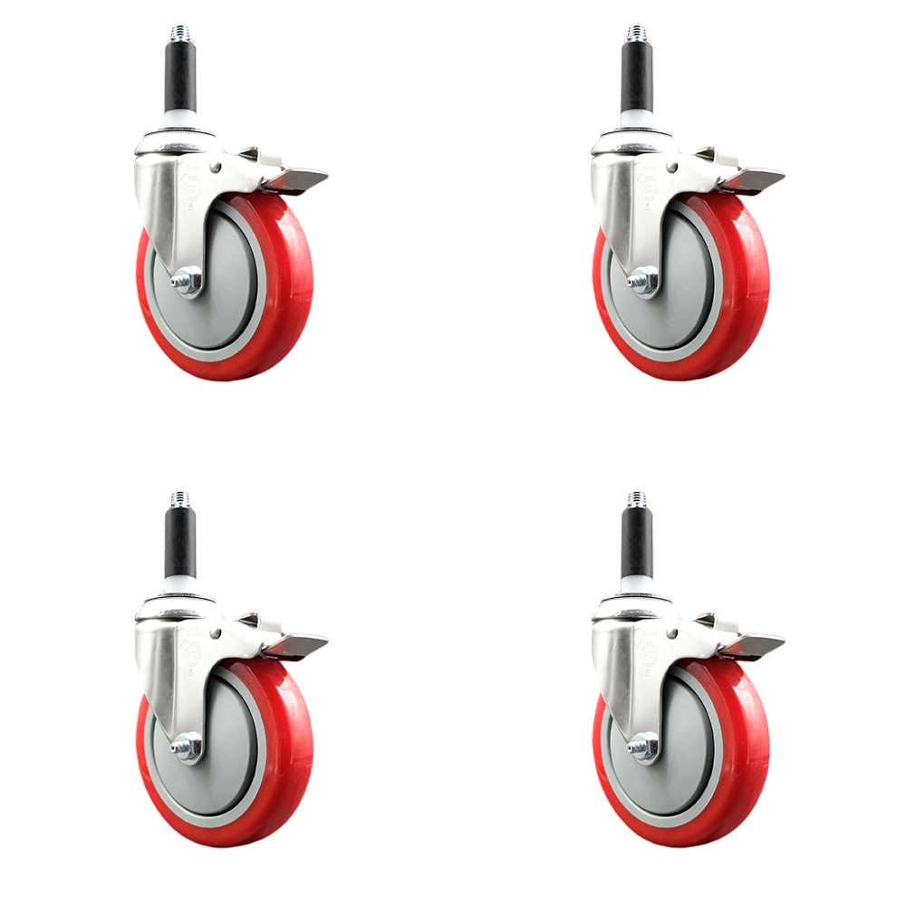 Polyurethane Swivel Stem Caster Set of 4 with 5 Inch Red Caster Wheels - 3/4" Expanding Stems - 316 Stainless Steel Casters - Includes 4 Swivel Casters with Total Lock Brakes - Service Caster Brand — photo 1