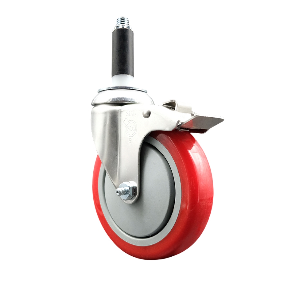Polyurethane Swivel Stem Caster with 5 Inch Red Caster Wheel and Total Lock Brake - 3/4" Expanding Stem - 316 Stainless Steel Caster - 350 lbs. Capacity Per Caster - Service Caster Brand — photo 1