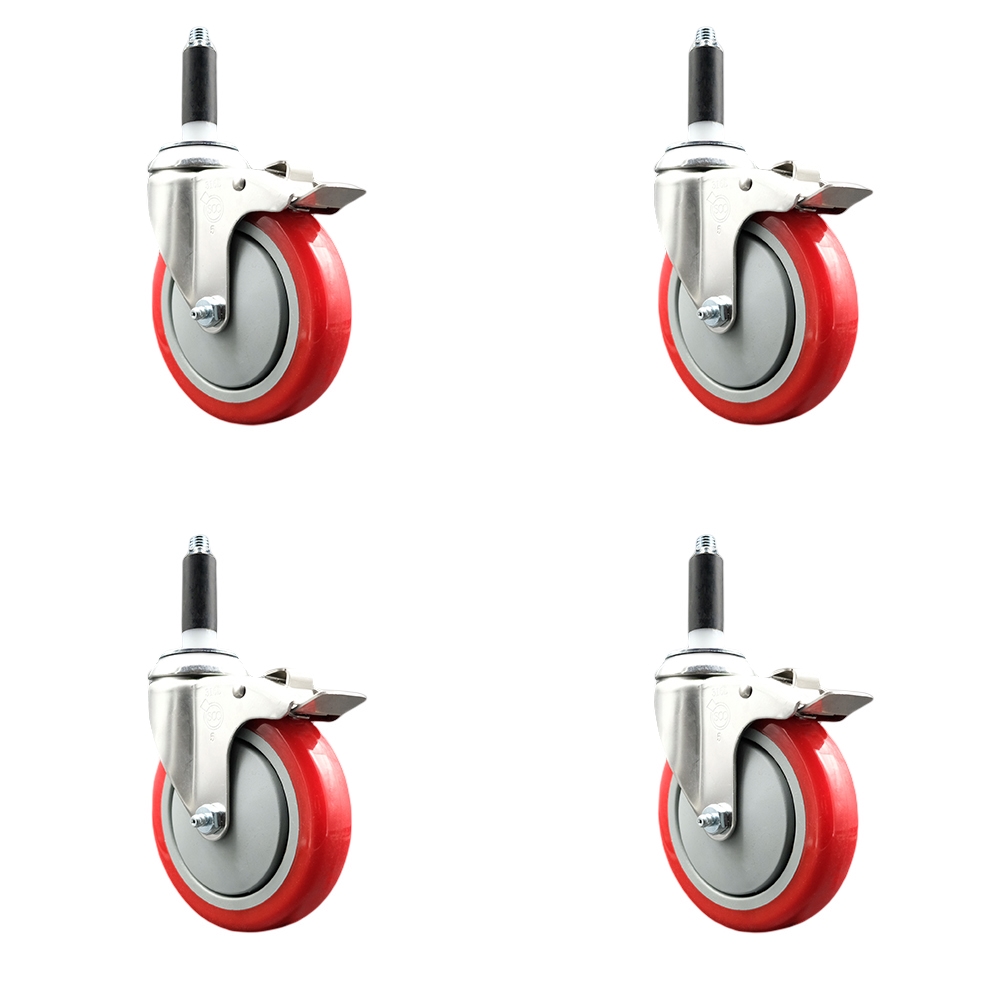 Polyurethane Swivel Stem Caster Set of 4 with 5 Inch Red Caster Wheels - 7/8" Expanding Stems - 316 Stainless Steel Casters - Includes 4 Swivel Casters with Total Lock Brakes - Service Caster Brand — photo 1