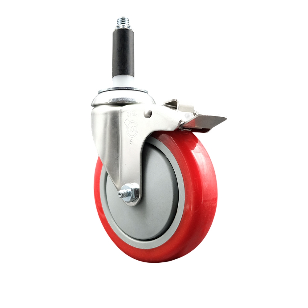Polyurethane Swivel Stem Caster with 5 Inch Red Caster Wheel and Total Lock Brake - 7/8" Expanding Stem - 316 Stainless Steel Caster - 350 lbs. Capacity Per Caster - Service Caster Brand — photo 1