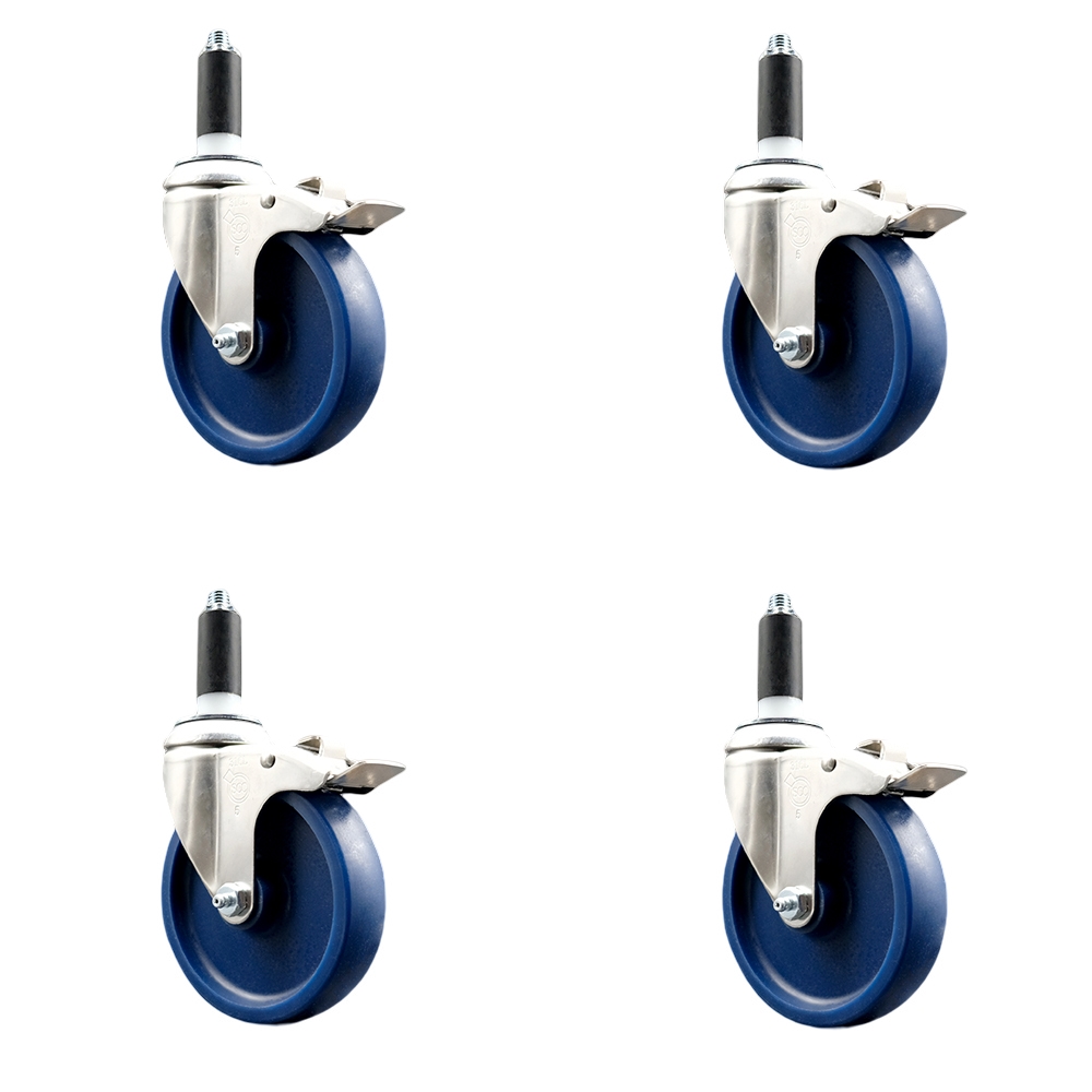 Solid Polyurethane Swivel Stem Caster Set of 4 with 5 Inch Blue Caster Wheels - 1" Expanding Stems-316 Stainless Steel Casters - Includes 4 Swivel Casters with Total Lock Brakes - Service Caster Brand — photo 1