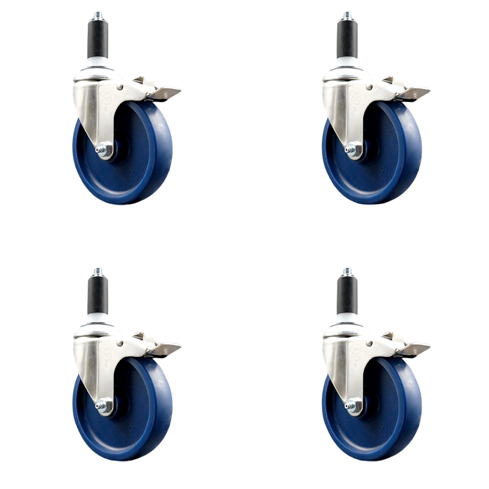 Solid Polyurethane Swivel Stem Caster Set of 4 with 5 Inch Blue Caster Wheels - 1-1/4" Expanding Stems-316 Stainless Steel Casters-Includes 4 Swivel Casters with Total Lock Brakes-Service Caster Brand — photo 1